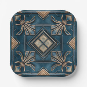 Vintage Art Deco Fleur-de-lis - Blue and gold Paper Plate
