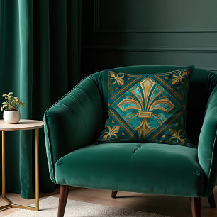 Vintage Art Deco Fleur-de-lis - Green and gold Cushion