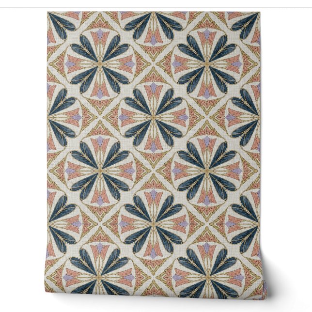 Vintage Art Deco Floral Geometric Pattern Wallpaper (Unrolling)