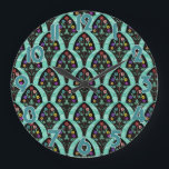 Vintage Art Deco Flower Fan Mosaic Large Clock<br><div class="desc">A vintage, art deco inspired fan shaped pattern with colourful flowers on black with a mint green, faintly geometric background. Inspired by the roaring twenties / Gatsby. A classic, pretty, modern floral design for anyone who likes the 20's / an antique feel. Clock numbers are blue-green with a white outline....</div>