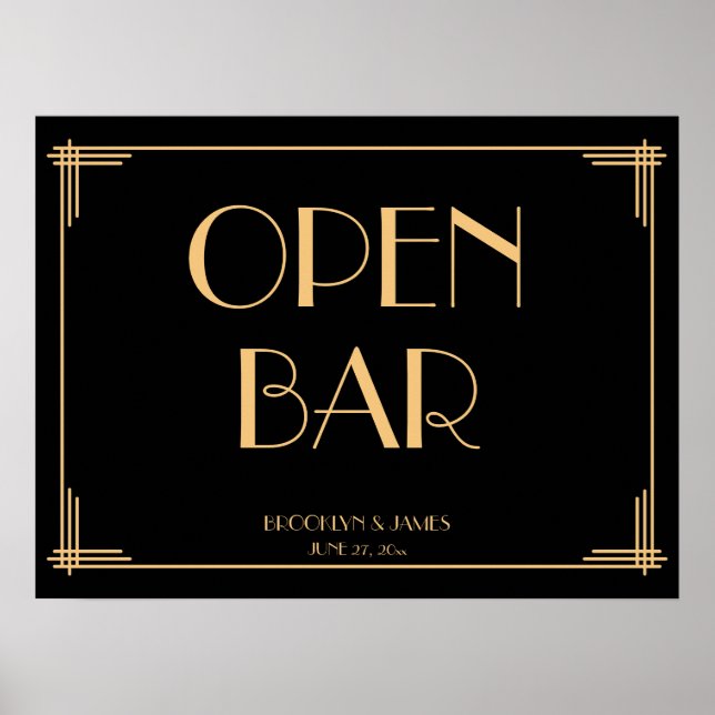 Vintage Art Deco Gatsby Wedding Open Bar Sign (Front)