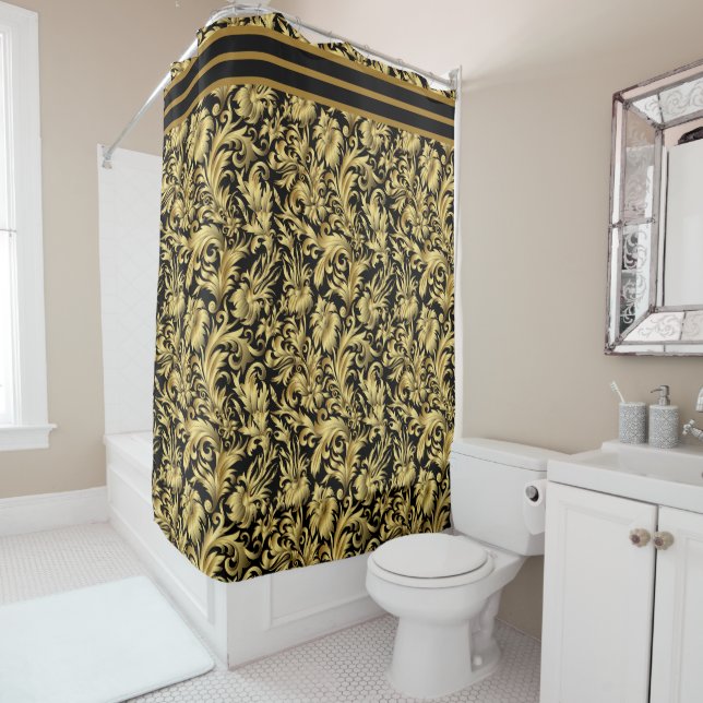 Vintage Art Deco Golden Floral Shower Curtain (In Situ)