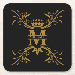 Vintage Art Deco Golden Name Monogram Square Paper Coaster