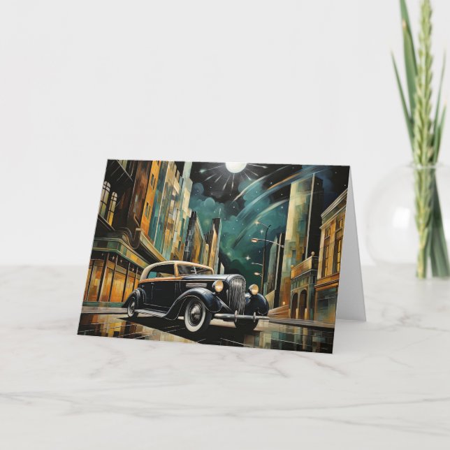 Vintage Art Deco-Inspired Car Under Moonlight Card (Front)