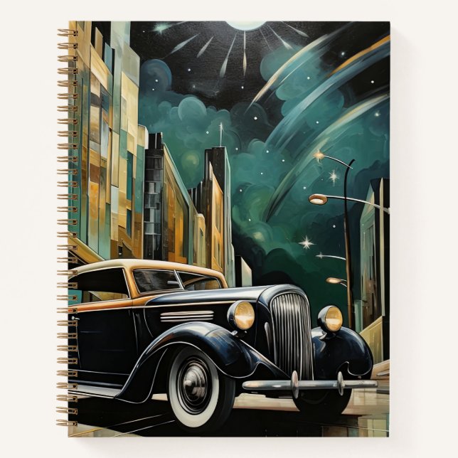 Vintage Art Deco-Inspired Car Under Moonlight Notebook (Front)