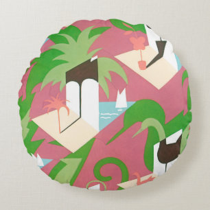 Vintage Art Deco Jazz Pochoir Palm Trees and Birds Round Cushion