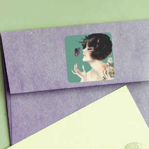 Vintage Art Deco Lady Butterfly Pretty Flowers Square Sticker