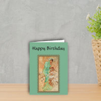 Vintage Art Deco Lady Green Golden Tree Birthday