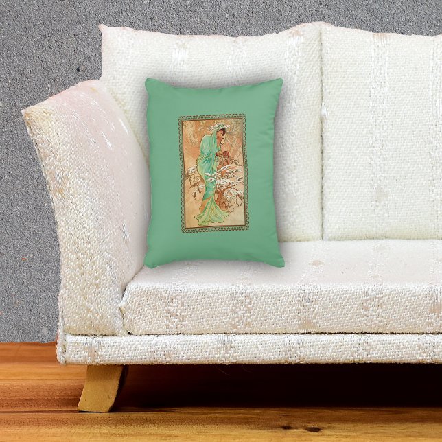 Vintage Art Deco Lady Green Golden Tree Decorative Cushion (Fantasy lady in mint green in golden tree with snow in frame on green decorative pillow.)