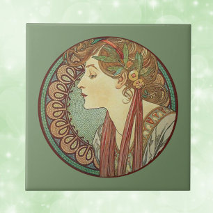 Vintage Art Deco Lady Green Mosaic Tiles Leaves