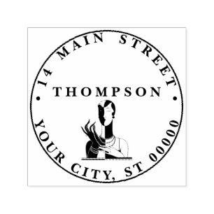 Vintage Art Deco Lady With Pearls Black Address Self-inking Stamp