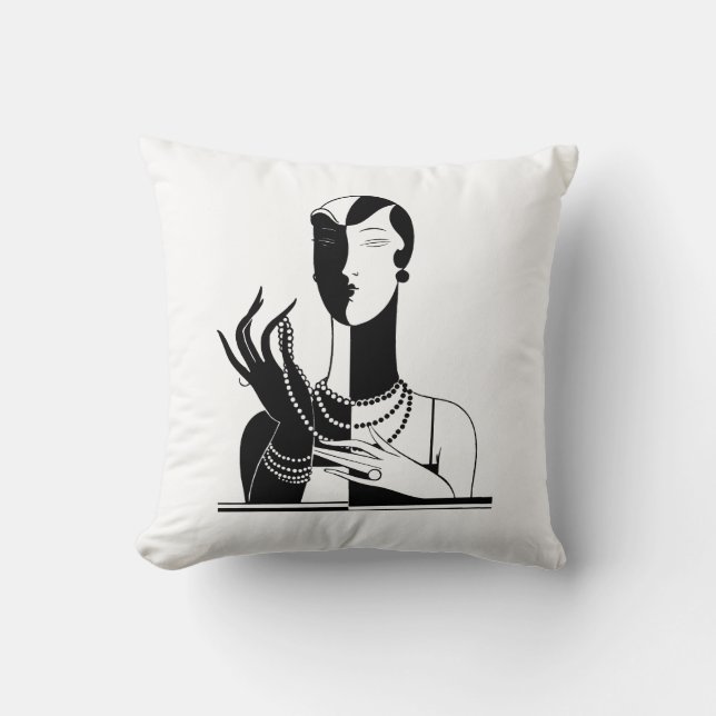 Vintage Art Deco Lady With Pearls Black Transp Cushion (Front)