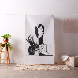 Vintage Art Deco Lady With Pearls Black Transp Fabric