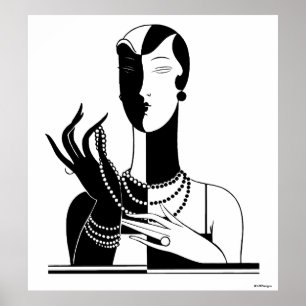 Vintage Art Deco Lady With Pearls Black Transp Poster