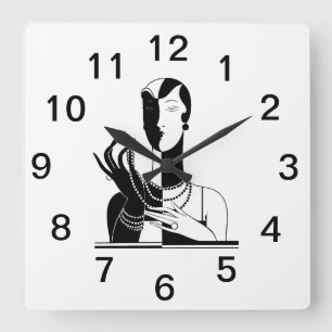 Vintage Art Deco Lady With Pearls Black Transp Square Wall Clock