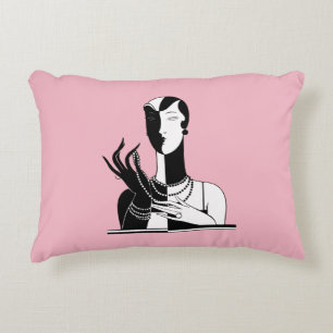 Vintage Art Deco Lady With Pearls Blk White Decorative Cushion