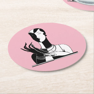 Vintage Art Deco Lady With Pearls Blk White Round Paper Coaster