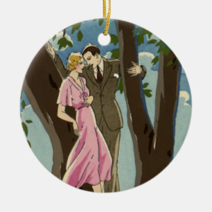 Vintage Art Deco Love and Romance Newlyweds Couple Ceramic Tree Decoration