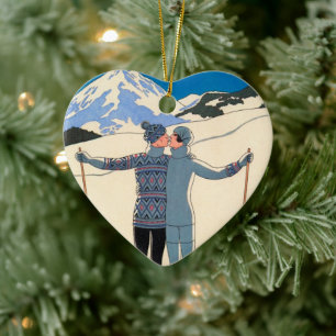 Vintage Art Deco, Lovers in Snow by George Barbier Ceramic Tree Decoration