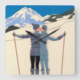 Vintage Art Deco, Lovers in Snow by George Barbier Square Wall Clock