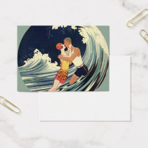 Vintage Art Deco Lovers Kiss in the Waves at Beach