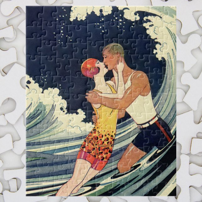 Vintage Art Deco Lovers Kiss in the Waves at Beach Jigsaw Puzzle (Creator Uploaded)