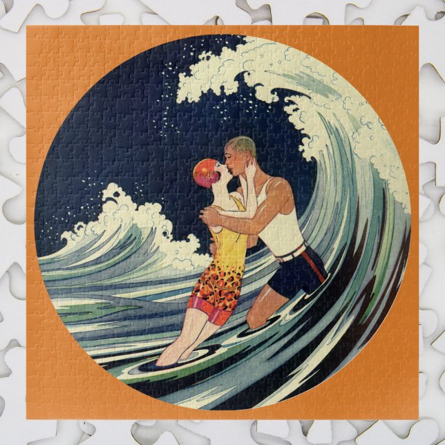 Vintage Art Deco Lovers Kiss in the Waves at Beach Jigsaw Puzzle (Creator Uploaded)