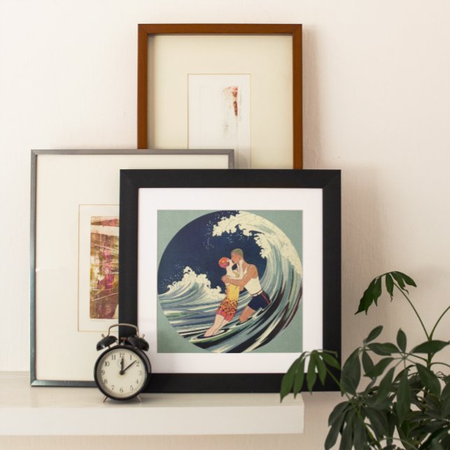 Vintage Art Deco Lovers Kiss in the Waves at Beach Poster (Creator Uploaded)