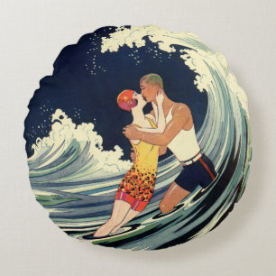 Vintage Art Deco Lovers Kiss in the Waves at Beach Round Cushion