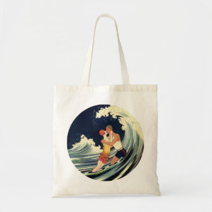 Vintage Art Deco Lovers Kiss in the Waves at Beach Tote Bag