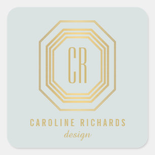 Vintage Art Deco Monogram Gold/Mint Square Sticker