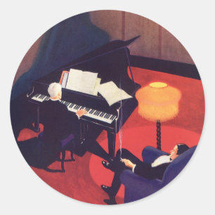 Vintage Art Deco Music Lounge Piano Player Pianist Classic Round Sticker