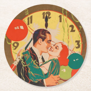 Vintage Art Deco New Year’s Eve Kiss Clock Round Paper Coaster