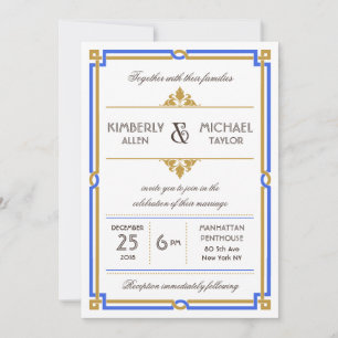 Vintage Art Deco Sapphire Blue & Gold Wedding Invitation