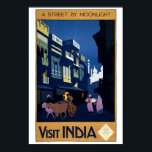 Vintage Art Deco Street by Moonlight India Travel Poster<br><div class="desc">This is a digitally enhanced print of a vintage 1920 Art Deco India tourism travel poster that shows a moonlit street scene with ox cart. The text reads: "A street by moonlight. Visit India. Apply: India State Railways Bureau. 38 East 57th Street,  New York.</div>