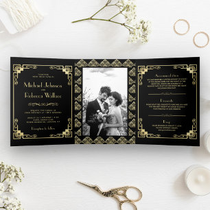 Vintage Art Deco Style Black and Gold Wedding Tri-Fold Invitation