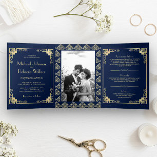 Vintage Art Deco Style Blue and Gold Wedding Tri-Fold Invitation