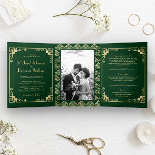 Vintage Art Deco Style Green and Gold Wedding Tri-Fold Invitation