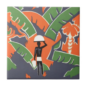 Vintage Art Deco Travel, Native in African Jungle Ceramic Tile
