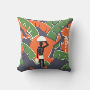 Vintage Art Deco Travel, Native in African Jungle Cushion