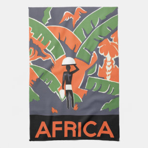 Vintage Art Deco Travel, Native in African Jungle Tea Towel