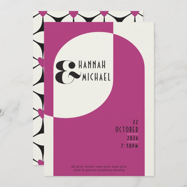 Vintage Art Deco Wedding Black Magenta Invitation (Front/Back)
