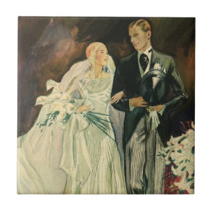 Vintage Art Deco Wedding Bride and Groom Newlyweds Tile