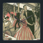 Vintage Art Deco Wedding, Newlyweds First Dance Square Wall Clock<br><div class="desc">Vintage illustration love and romance art deco design featuring a newly wed couple dressed in formal attire dancing at their wedding reception; The beautiful bride is in an elegant evening gown dress with delicate pink floral flowers and the handsome groom is in a tuxedo suit.</div>