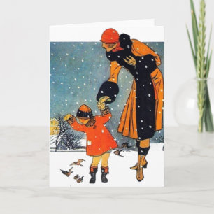 Vintage Art Deco Winter Mother and Child in Snow Holiday Card