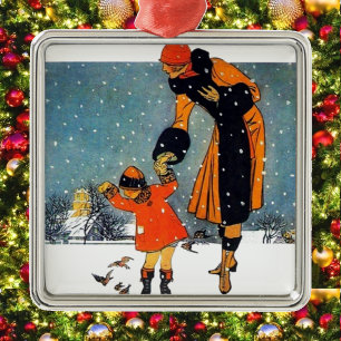 Vintage Art Deco Winter Mother and Child in Snow  Metal Tree Decoration