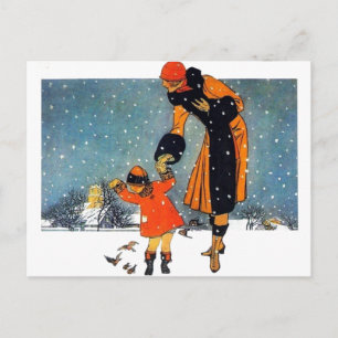 Vintage Art Deco Winter Mother and Child in Snow  Postcard