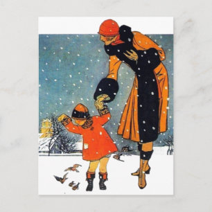 Vintage Art Deco Winter Mother and Child in Snow  Postcard