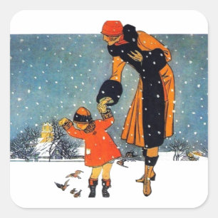 Vintage Art Deco Winter Mother and Child in Snow Square Sticker