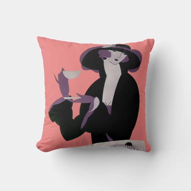Vintage Art Deco Woman, Afternoon Tea and Cupcake Cushion (Front)